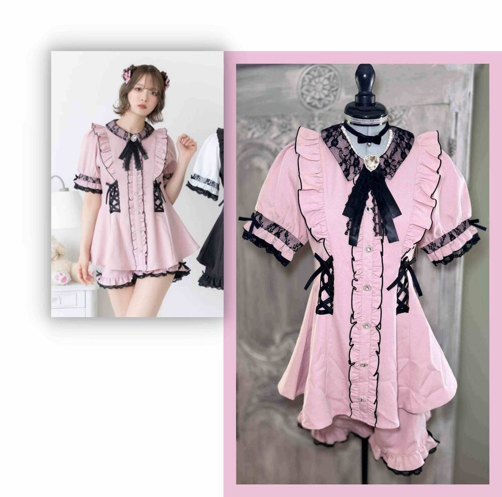 DearMyLove Layered Waist Lace Up Frill Set-Up Pink Black Bijoux Jirai Kei Lolita